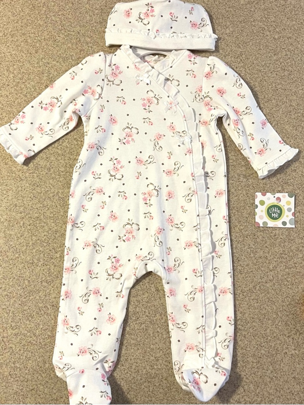 Little Me White One-Piece Footie with Pink Rose Print and Hat